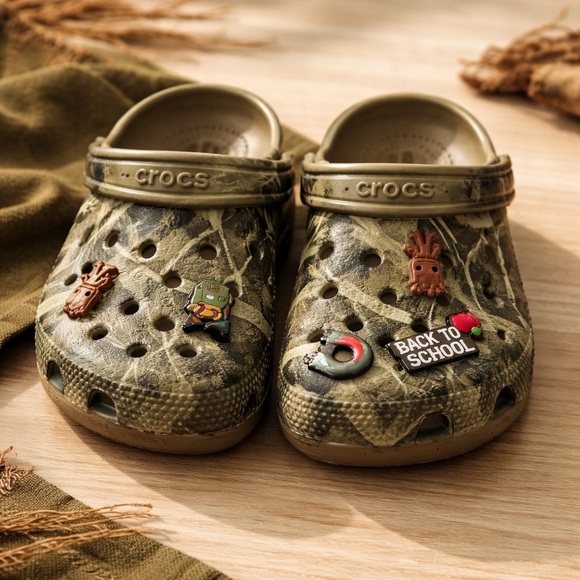CROCS Other - CROCS Kids Size C13 Olive Camo Clogs with Different Jibbitz Charms Casual